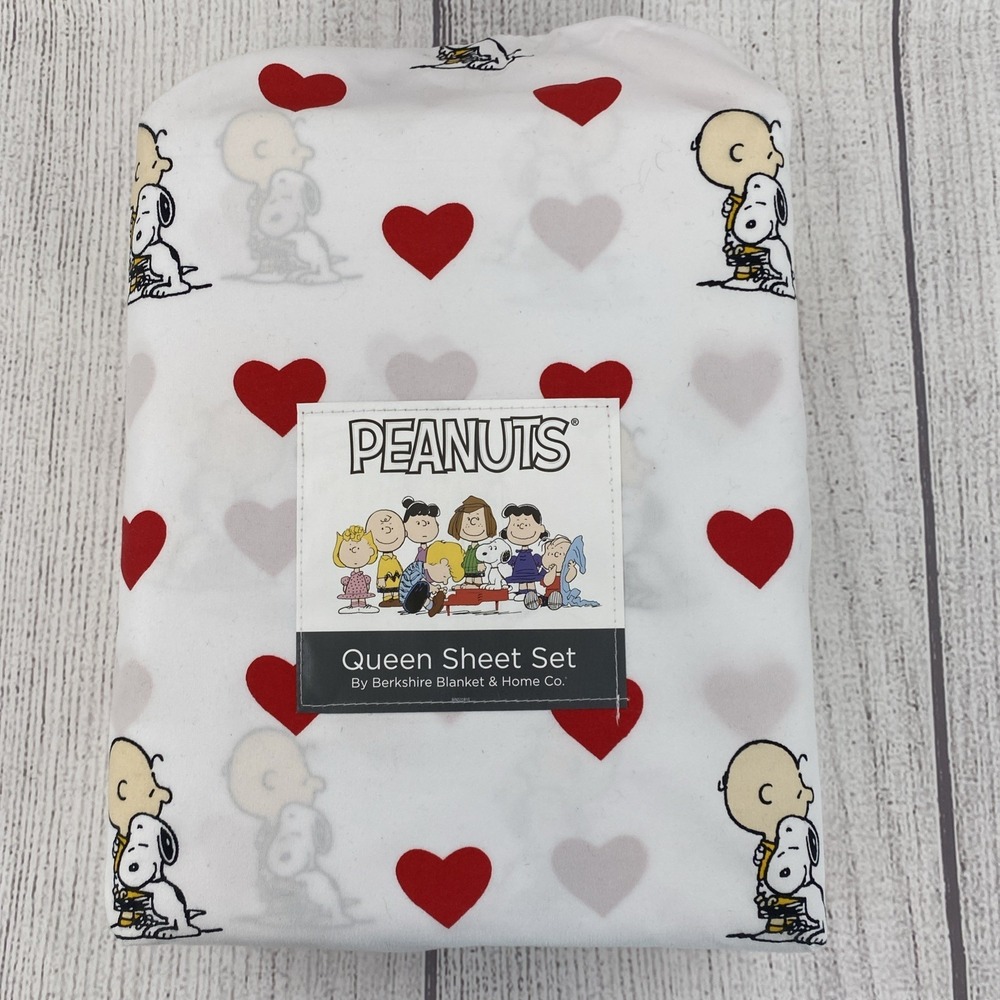 Peanuts Snoopy Sheet Set QUEEN White Charlie Brown Hearts Love Berkshire